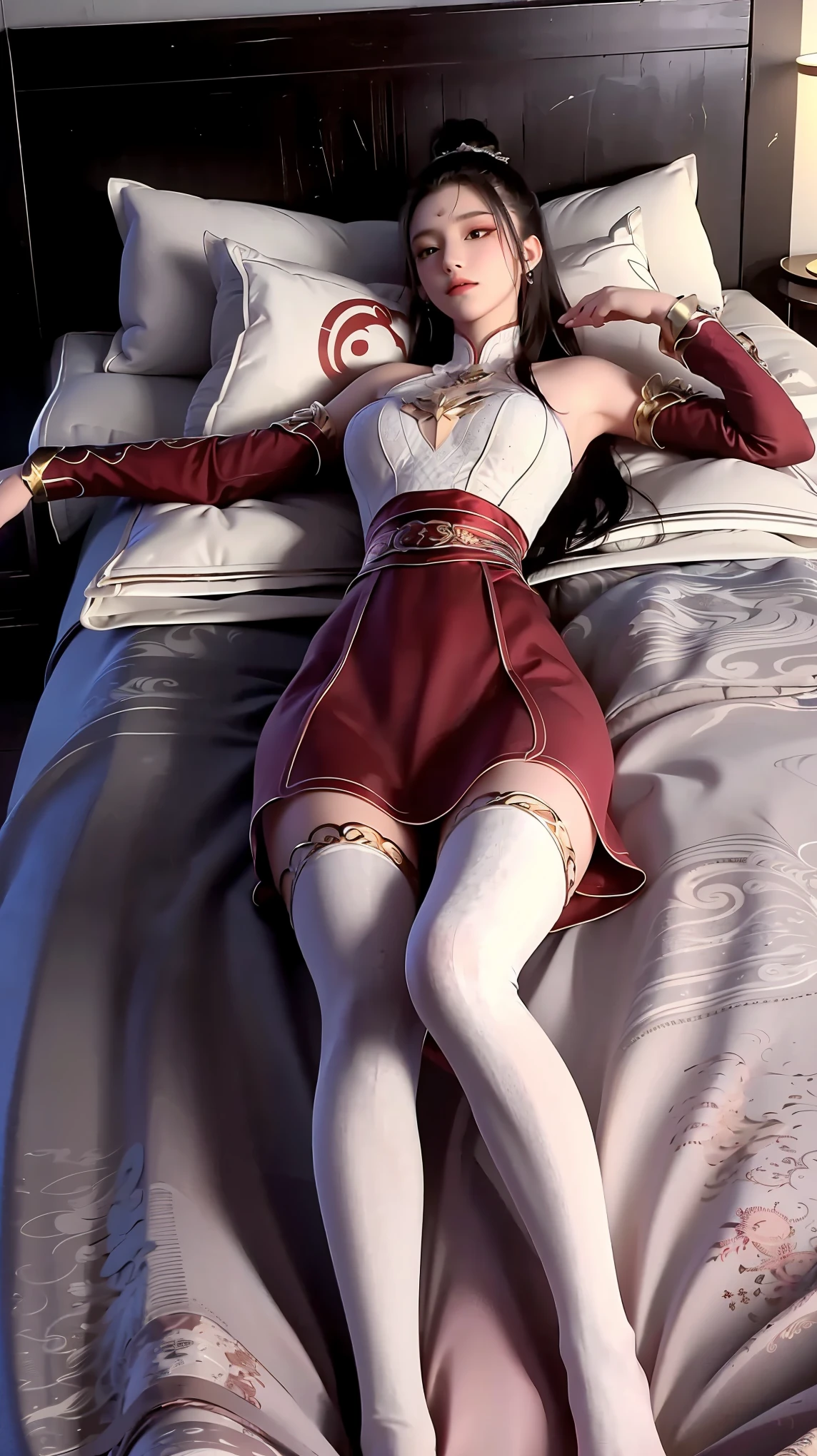 a girl lying in bed,face up,lift your legs slightly,4k,8 thousand,film,lying,big long legs,full body capture,((lying in bed)),((lying on the bed)),big bed,pillow on pillow,headrest pillow,(((lying flat on the bed))),on back,full_shot,from_below,