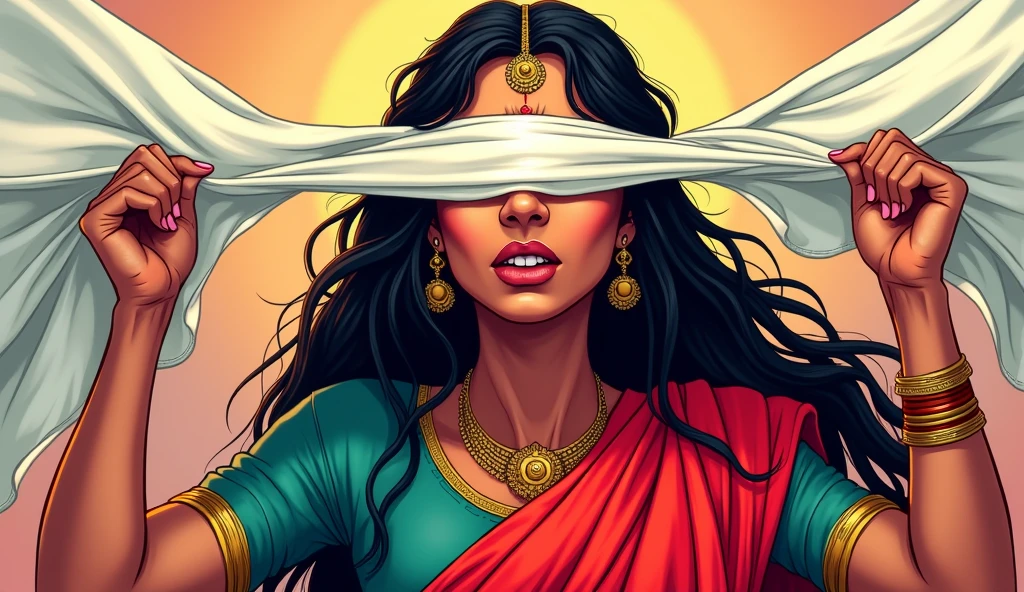 Colorful comic style - Depict Gandhari in the act of blindfolding herself with a white cloth. Her expression is a mix of sadness and determination. She is dressed in her vibrant red sari, and her long black hair cascades over her shoulders. The background should be blurred to emphasize Gandhari, with soft warm colors transitioning to cooler shades to symbolize her acceptance of a new, darker reality