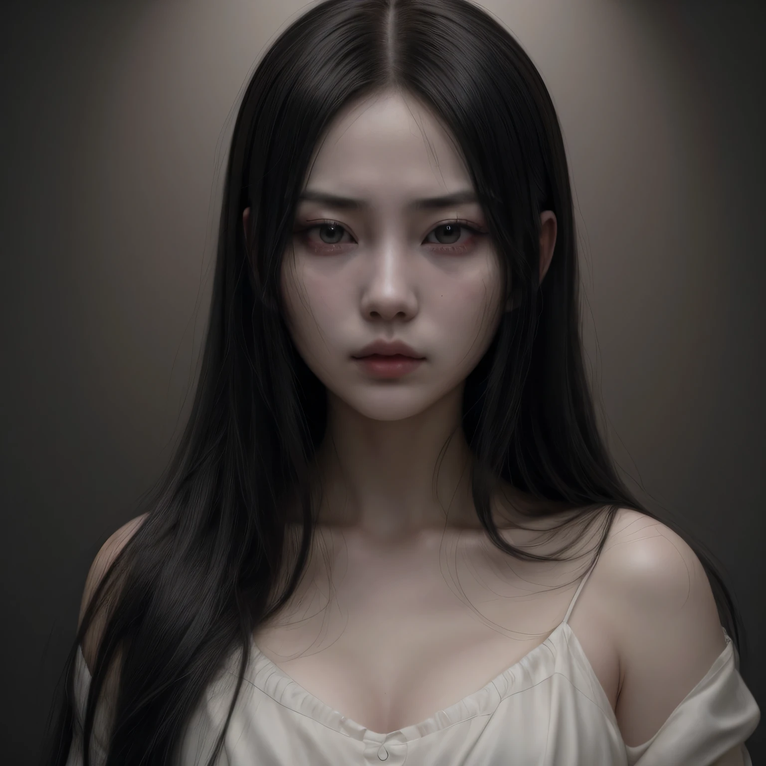 a_girl_with_long_black_hair,yamamura_sadako,detailed_and_realistic_facial_features,beautiful_detailed_eyes,beautiful_detailed_lips,extremely_detailed_face,longeyelashes,creepy_atmosphere,horror,supernatural,ghostly,pale_skin,wearing_a_white_dress,haunting,ominous,dark_lighting,moody_lighting,muted_colors,dramatic_shadows,cinematic,masterpiece,best_quality,8k,highres,ultra-detailed,photorealistic