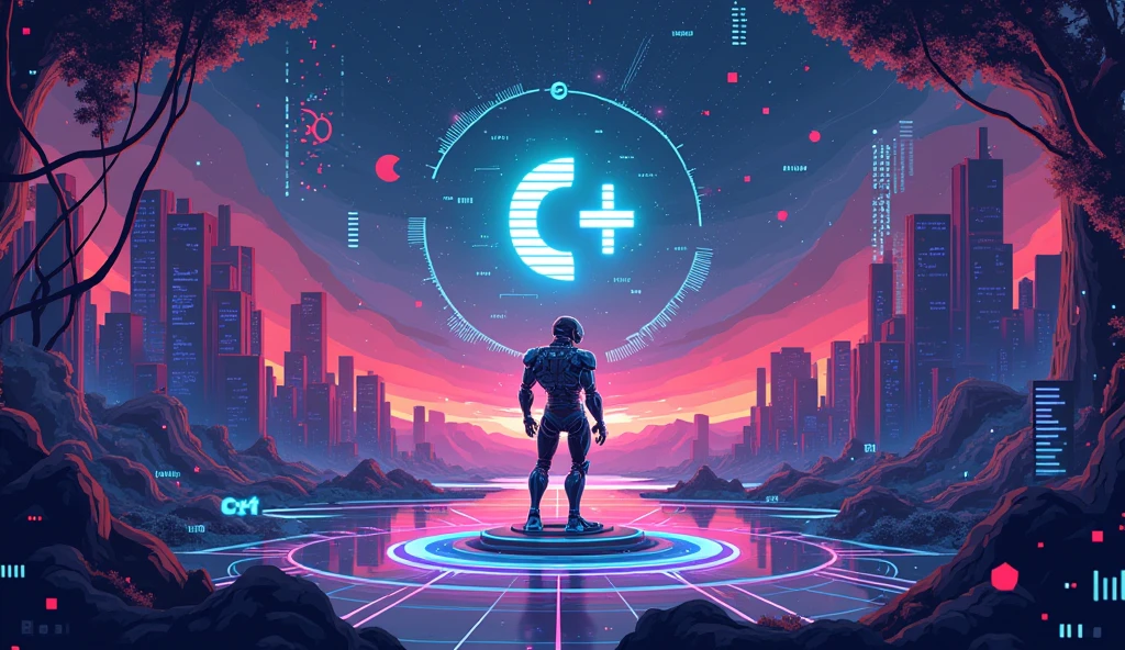 pixel landscape cover with C++, html, python, javascript, robot, computer and text TiK26 with T and K capitalize