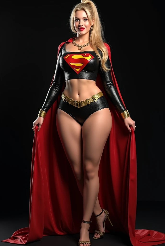 THE ORIGINAL 1950S SUPERGIRL WEARING A 1950'S SUPERGIRL COSTUME AND CAPE, HYPER REALISTIC. (( big boobs)) more sexy ((ponytail hair)) show abs and smile black and gold with  gold chains neckface