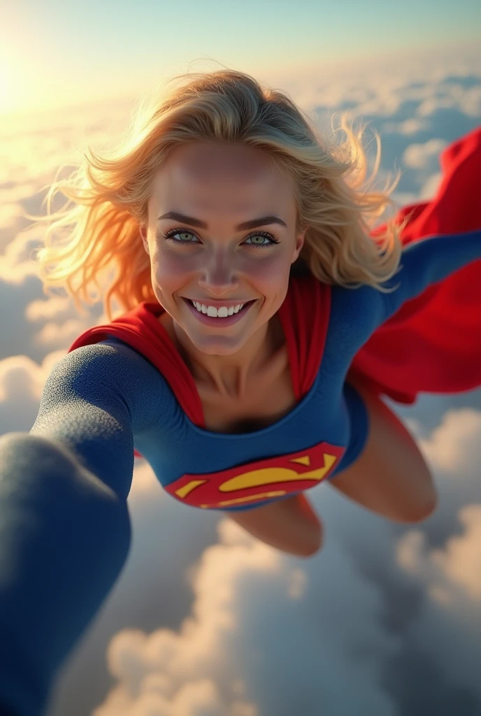 INSANELY SEXY, RIPPED MUSCULAR CHEST SUPERGIRL WEARING THE ORIGNAL GOLDEN AGE SUPERGIRL COSTUME FROM 1950. SOARING WHILE TAKING A SELFIE.