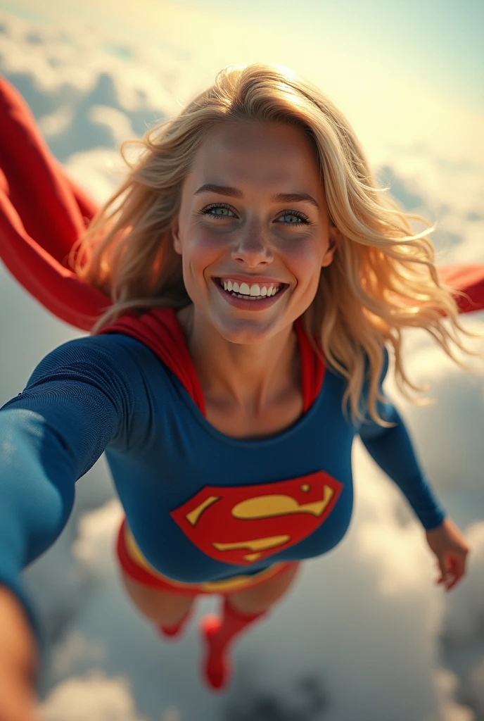 INSANELY SEXY, RIPPED MUSCULAR CHEST SUPERGIRL WEARING THE ORIGNAL GOLDEN AGE SUPERGIRL COSTUME FROM 1950. SOARING WHILE TAKING A SELFIE.