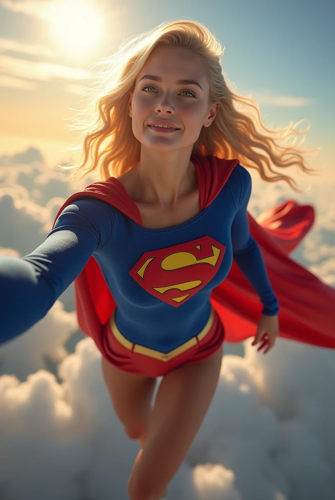 INSANELY SEXY, RIPPED MUSCULAR CHEST SUPERGIRL WEARING THE ORIGNAL GOLDEN AGE SUPERGIRL COSTUME FROM 1950. SOARING WHILE TAKING A SELFIE.