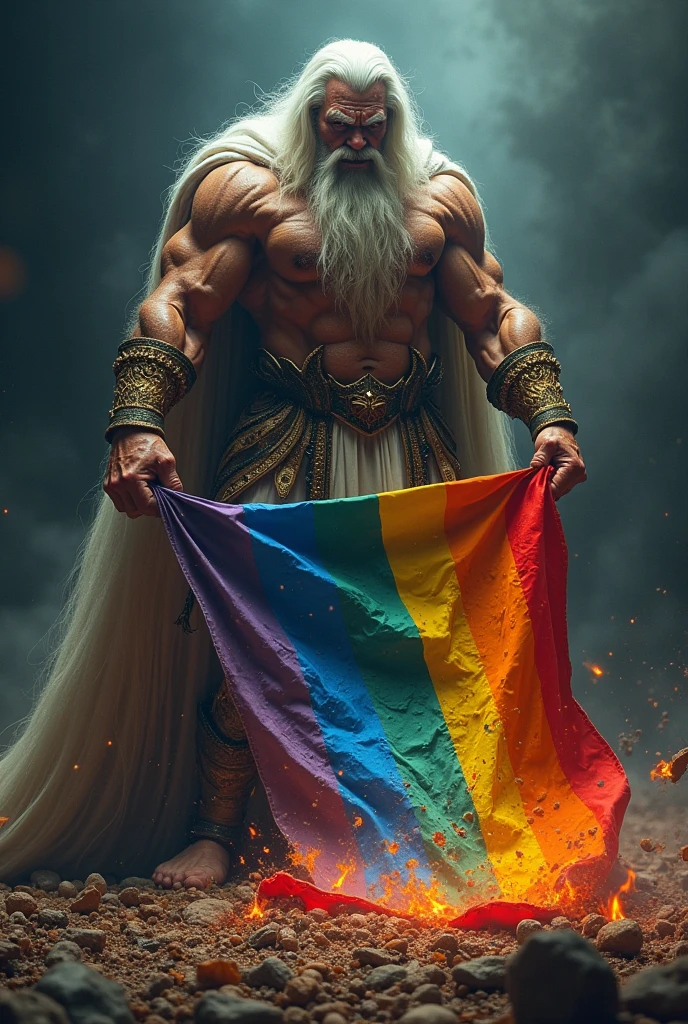 Angry god who crushes the multi-colored LGBT flag with his foot