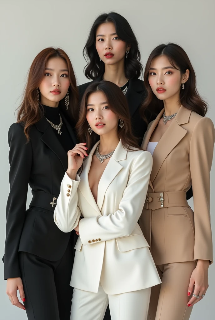 Kpop girl group with stylish women suits with black colors, white and beige and jewels in fashion cover