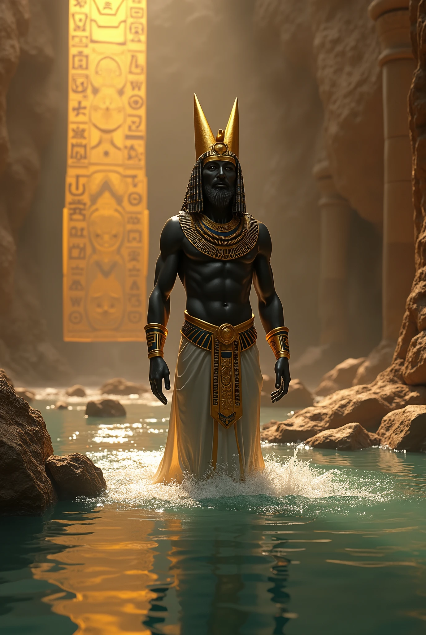 Create a stunning and realistic portrait of Atum, the primordial deity from Egyptian mythology, emerging from the primordial waters, with traditional Egyptian aesthetic elements such as hieroglyphs, golden accents, and an ancient Egyptian landscape. Depict him as a solitary figure on a primordial mound. Use masterpiece, best quality, CG, wallpaper, HDR, high quality, ultra detailed face, cinematic, high detail, 8k, raw, high, artstation HQ, unreal engine, octane renderer, 4k resolution, hyperrealistic, highly detailed, and absurdres settings