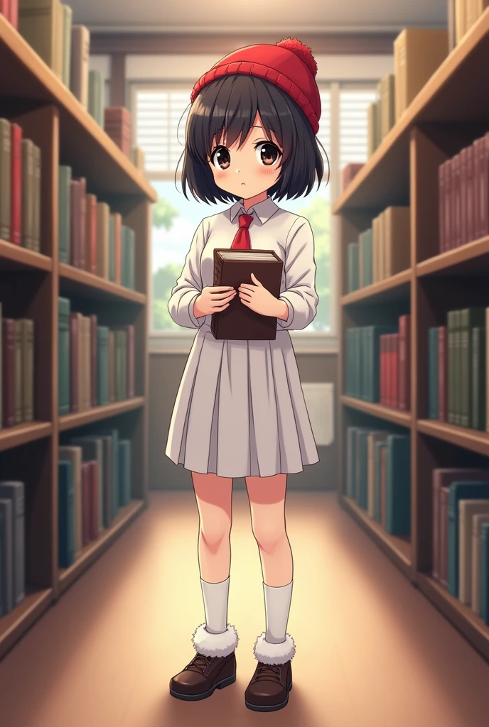 Anime girl, short black hair without bangs, black eyes, wearing white shirt, red tie, white knee-length skirt, white fur socks, Japanese school shoes, red beanie, holding a book , shyly, in the library
