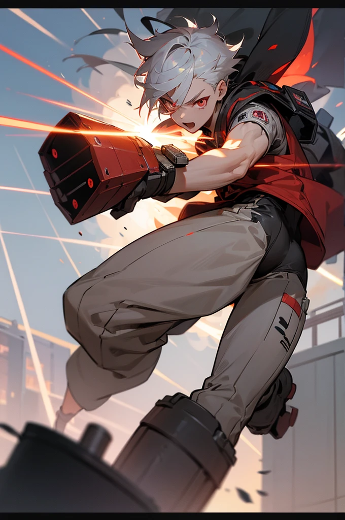 A boy of about with silver hair and red eyes is blowing up the city. Shota Cyborg. His right arm has been transformed into a cannon.、Red energy is emitted、It's piercing the building, launching missiles from the six-barreled catapults equipped on both shoulders, carrying out a bombing attack.