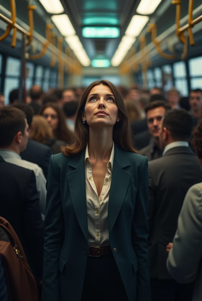 A lady see up in bus crowd
