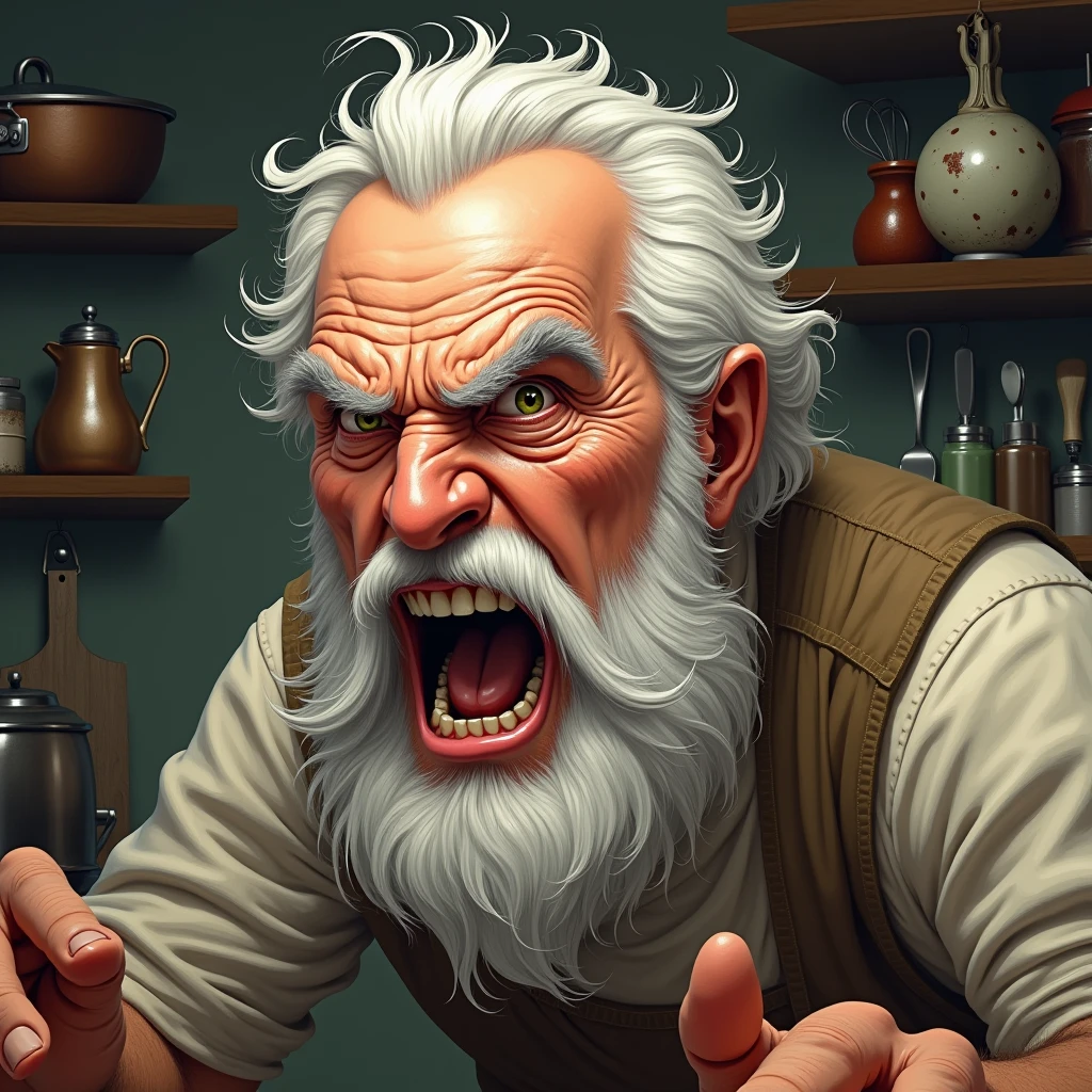 angry old man: "A highly detailed close-up illustration of an elderly man with white hair and a full beard, his face contorted in anger. His eyebrows are furrowed, and his mouth is slightly open as he scolds someone. Despite the anger, there’s a sense of underlying warmth and familiarity in his expression. The background is a cluttered kitchen, giving a homely feel to the scene."