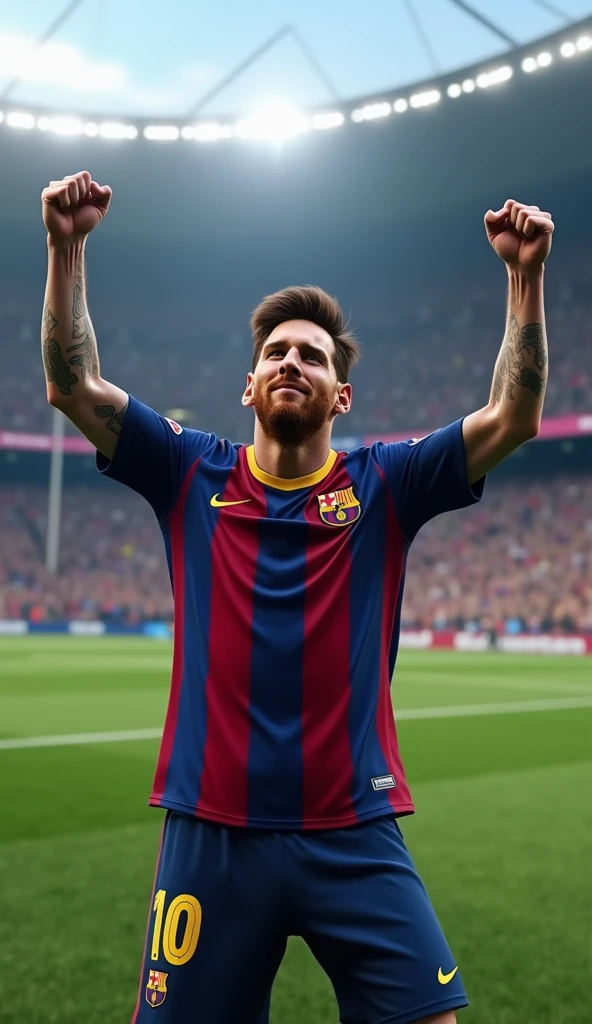 Photorealistic, 64K, A realistic lionel messi [wearing barcelona soccer jersey number 10] standing up celebrating his iconic celebration goal, perfect fingers, full body, looking at camera, in stadium background