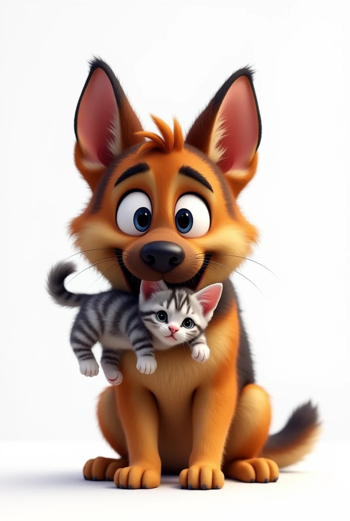 "A adult pastor german dog is carrying a baby cat. Background white. Dog face surprise.