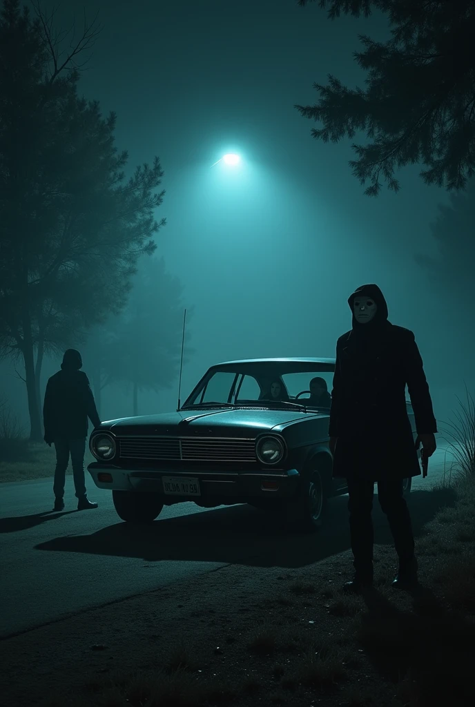 "A cold, foggy night in California, with a gloomy atmosphere. Show an old car, a 1960s model, parked in a secluded spot, surrounded by dense trees. Inside the car, a panicked couple: a woman with dark hair and a man with a look of terror. A masked man, dressed in dark clothes and a frightening white mask, approaches with a gun. Dramatic lighting, deep shadows, and a sense of urgency and fear."