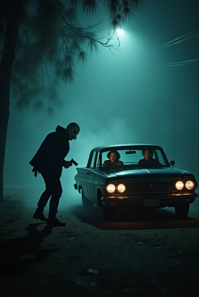"A cold, foggy night in California, with a gloomy atmosphere. Show an old car, a 1960s model, parked in a secluded spot, surrounded by dense trees. Inside the car, a panicked couple: a woman with dark hair and a man with a look of terror. A masked man, dressed in dark clothes and a frightening white mask, approaches with a gun. Dramatic lighting, deep shadows, and a sense of urgency and fear."