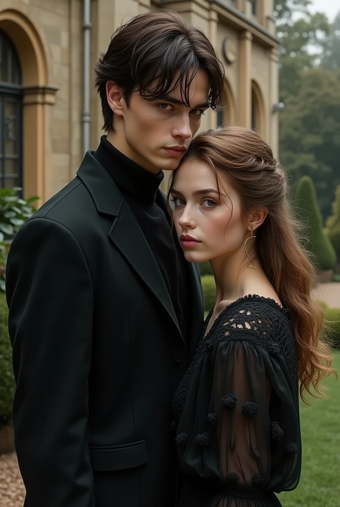 Handsome Tom Riddle with a very pretty light brown haired white girl in front of a beautiful mansion