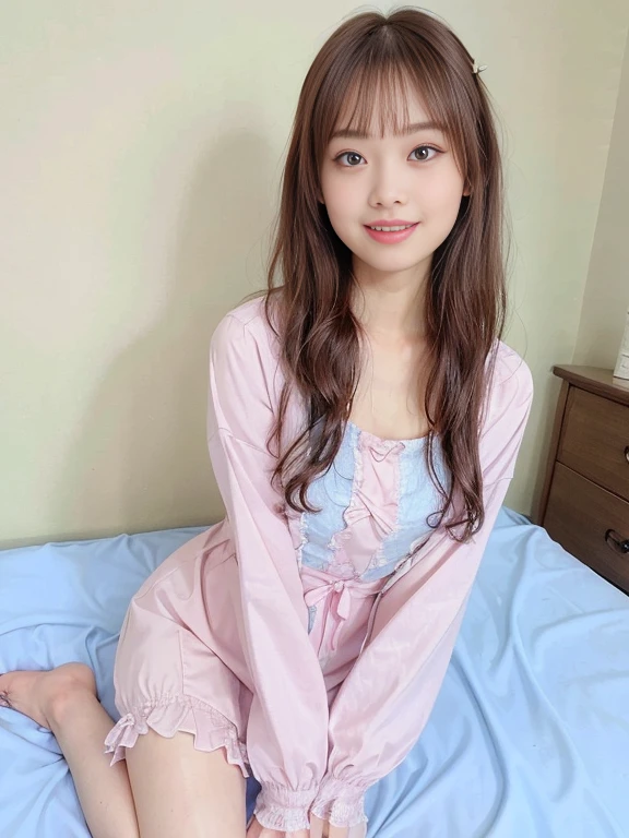 photo realistic, best quality, masterpiece, photo of over the knees, a Japanese pretty girl, pretty face, symmetrical eyes, eye contact, smile, petit, flat chest, on the bed