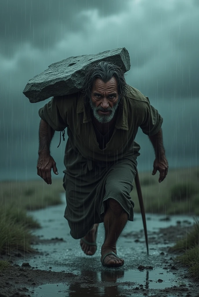 A man carrying a stone on his back in the heavy rain and crying