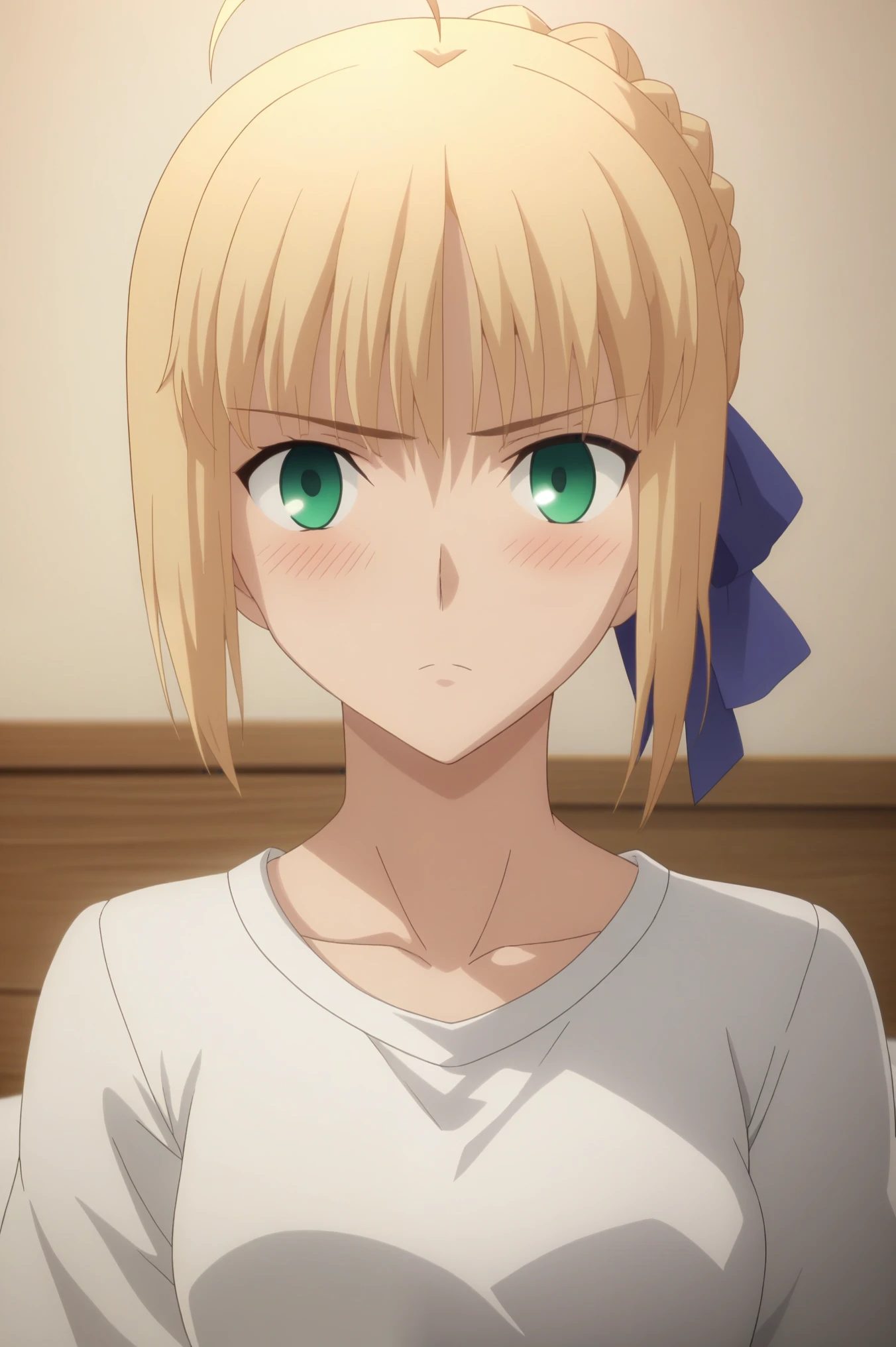 score_9, score_8_up, score_7_up, source_anime, rating_safe, intricate details, anime screencap, official style, looking at viewer, , ,            
1girl, saber \(fate\), blonde hair, green eyes, ahoge, hair between eyes, hair bun, hair bow, solo, (Striped Glitter,Seraphic ,Hexagram ,Supersolid,Quantum entanglement,Self-healing Concrete,Acrylic Convection,Vibration,Mesmerizing,Enigmatic,Dodecahedron magic:1.0), fsn_ubw_style,                                                                                                                                                                                                         alone, Dutch Angle, View your viewers, white shirt ,Cowboy Shot,  in beautiful bed, bed room , , blush,                                                                                                         