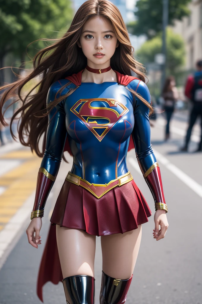 Ultra-realistic depictions,ultra-fine photos,, Best quality, Ultra high definition, Natural light, Full body portrait,( Amazingly beautiful style),((Chestnut hair and semi-long hair that sits in the wind))), Dynamic poses, Detailed beauty face, Brilliant eyes, Front view, (((supergirl costume made of latex material))), enamel boots, big and full breasts, off shoulder, model body shape, shiny, long sleeve, looking at camera, choker, red mini skirt, Weekly magazine cover, gravure magazine, sweaty, from right in front, Seduce, Urban street, (Beautiful body in detail),((Big)),High detail skin, Realistic skin details, visible pores, sharp focus, 8K UHD, digital, high quality, fair skin, view from below