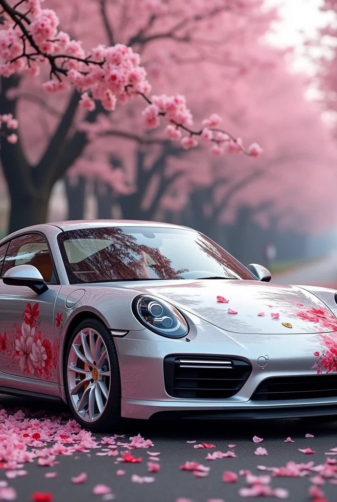 silver porsche 991.2 turbo S with cherry blossoms design on the side with white rims