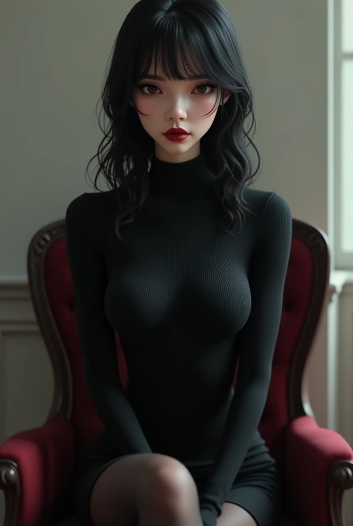 Mafia korean girl sitting in the chair with black fitted long sleeve clothes and redlipstick. Semi animated but 3D portrait