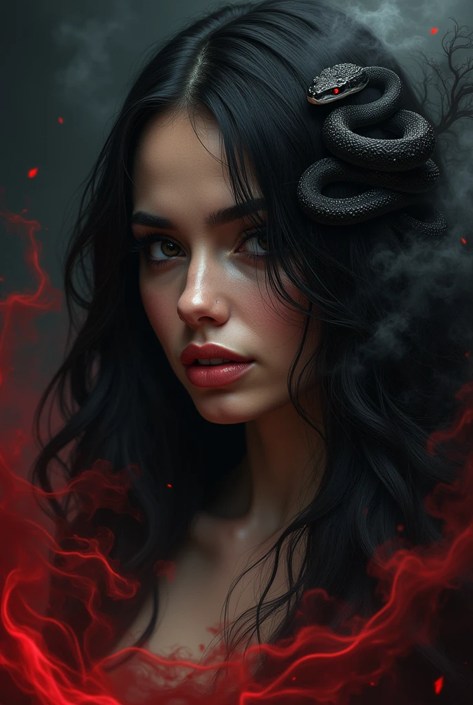(Masterpiece artwork, top-quality, best qualityer, offcial art, beautiful and seductive aesthetics:1.2), Brazilian woman, (face covered by hair) cabelo blackw comprido (1woman:1.2), fly away, Extremely Detailed,(resumlistum:1.4, Fractal Art:1.3),(silver_hair:1.1), Destiny \( series\), blackw, More Detailed, fire, , lightning, (splash_art:1.2), jewelly:1.4, Hanfu, Scenario, blackw e prata, black snake with red eyes, black and red smoke background. Only shows one side of the face. Mulher sexy, sedutora, um lado do rosto coberto