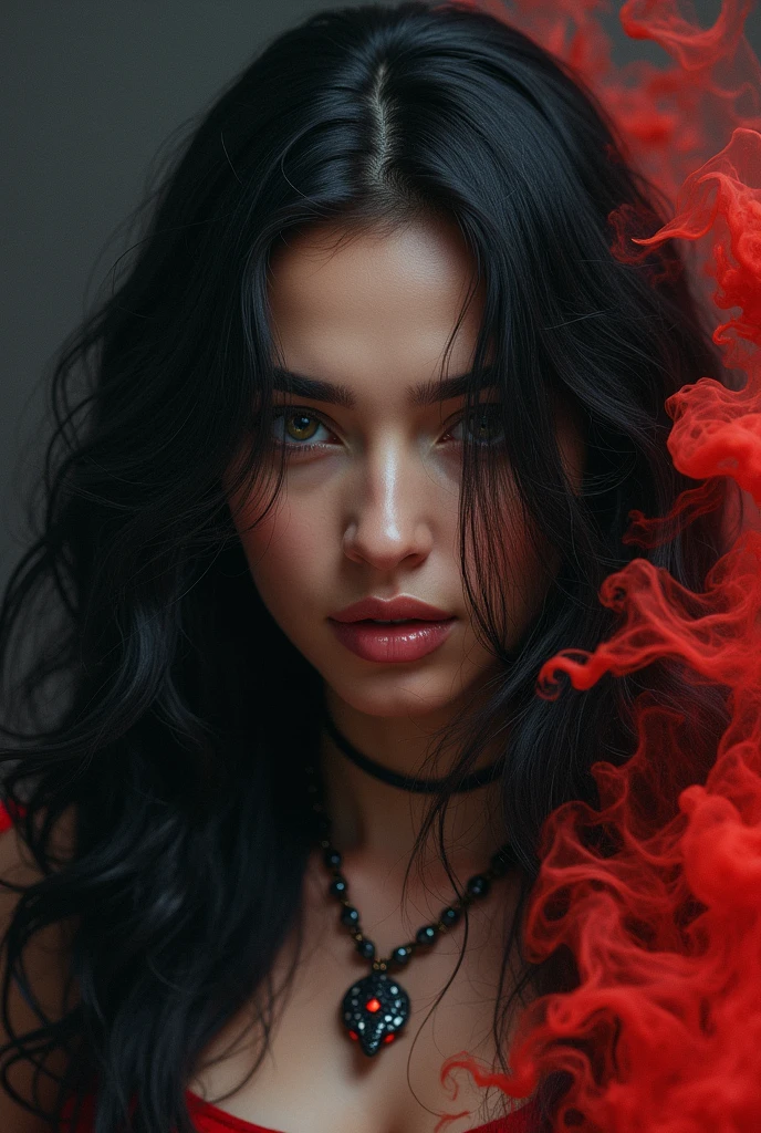 (Masterpiece artwork, top-quality, best qualityer, offcial art, beautiful and seductive aesthetics:1.2), Brazilian woman, (face covered by hair) cabelo blackw comprido (1woman:1.2), fly away, Extremely Detailed,(resumlistum:1.4, Fractal Art:1.3),(silver_hair:1.1), Destiny \( series\), blackw, More Detailed, fire, , lightning, (splash_art:1.2), jewelly:1.4, Hanfu, Scenario, blackw e prata, black snake with red eyes, black and red smoke background. Only shows one side of the face. Mulher sexy, sedutora, um lado do rosto coberto