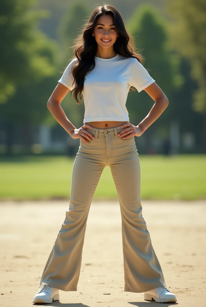 A young female football player with a very beautiful face, fair and smooth skin, a golden ratio figure, wearing a fitted short sleeved T-shirt, ironless bell bottoms, ankle coverage, slim waist, wide hips, hourglass figure, beige socks, white low heeled leather shoes, standing on the roadside in the park with her legs spread apart, the ground in front of her feet wide, and her hands on her hips. Black wavy hair, smiling, looking at you affectionately. Realistic, 8K,
