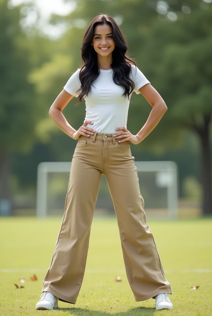 A young female football player with a very beautiful face, fair and smooth skin, a golden ratio figure, wearing a fitted short sleeved T-shirt, ironless bell bottoms, ankle coverage, slim waist, hourglass figure, beige short socks, white low heeled leather shoes, standing on the roadside in the park with her legs spread apart, wide ground in front of her feet, and hands on her hips. Black wavy hair, smiling, looking at you affectionately. Realistic, 8K,