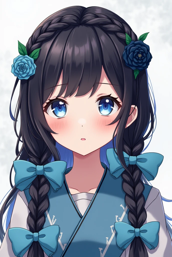 a young girl with long and fine wavy black hair, have a two-parted fringe with a hairstyle "short braid half the head on both sides on the top of the head and let some of the hair down loose" with each sky blue ribbon and dark blue rose in the braid with a pleated fabric ribbon tail, has a blue ruby diamond pattern eye type like athanasia with californian coral gradation underneath has soft and smooth white skin (front facing pose)