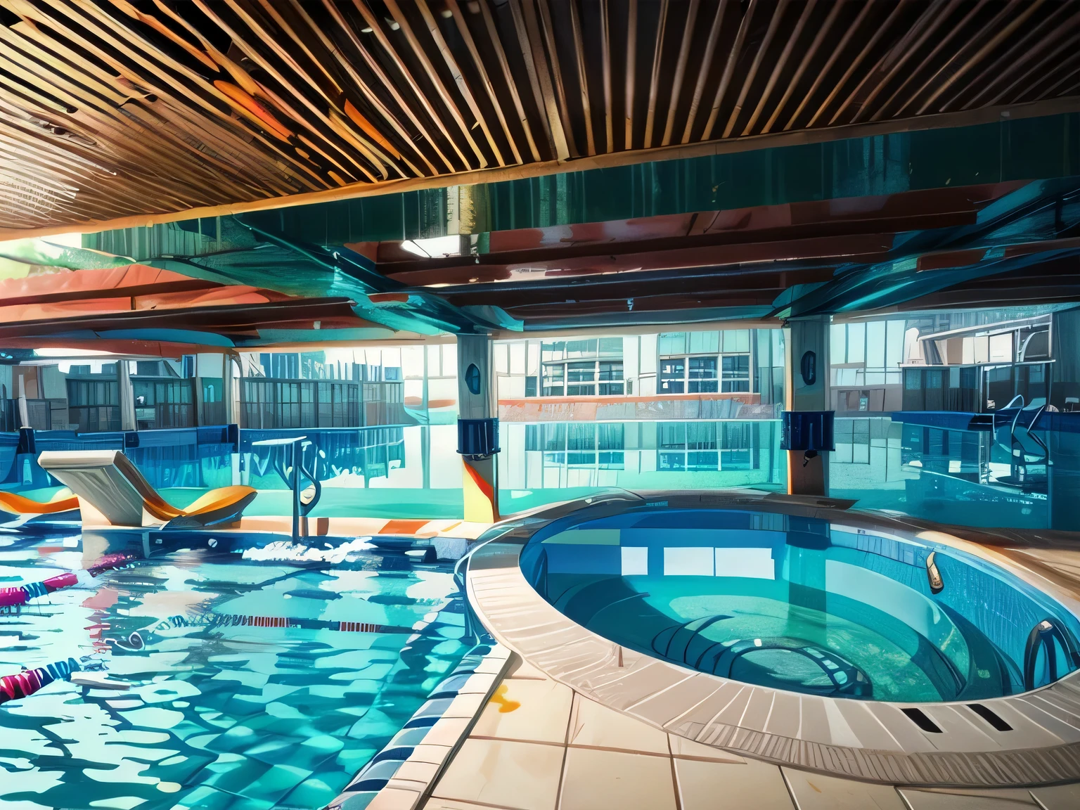 (((Mordern rooftop swimming pool))), Real anime costume design, Spirited Away, Stretch. detailed, colorful