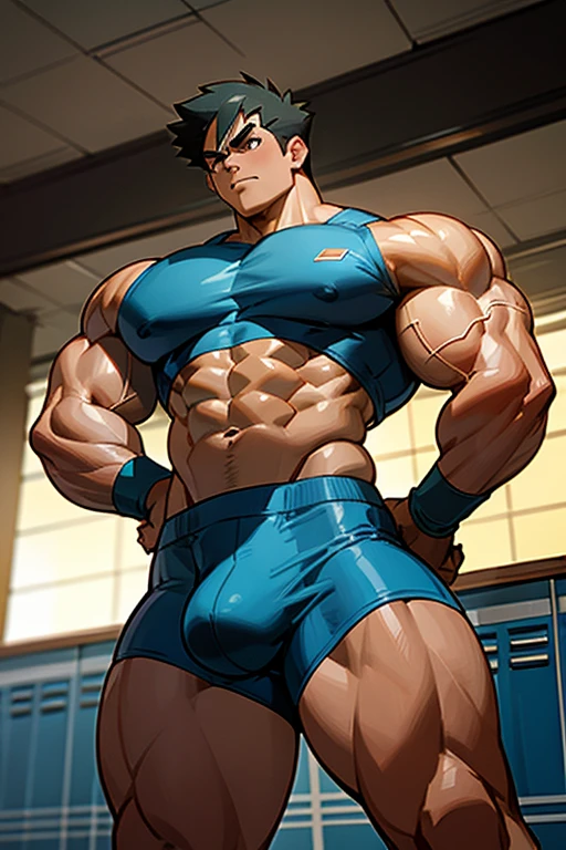 Ash Ketchum from Pokémon anime as a big dumb muscular bodybuilder jock in a locker room standing with slumped shoulders in line for inspection with other equally muscular bodybuilder jocks and staring blankly as his eyes glow red under hypnosis as he repeats, "Bigger... Dumber.... Must obey.... More like a jock bro every day.... Yes, Coach. I obey. Huhuhuhuh.... This jock is ready for inspection...." in a deep mindless monotone with his fellow hypnotized jocks to forget about Pokémon training and focus instead on training his own body and obeying his coach. Mouth dropped open. Hyper swollen bulging crotch. Hyper muscles. Toned muscles. 5% body fat. Big biceps. Big triceps. Broad shoulders. Big traps. Big lats. Big meaty pecs. Massive deltoids. Six-pack abs. Spherical glutes. Brainwashing. Hypnosis. Hypnotized. Bro. IQ drain. Dumber and dumber. Meathead. Musclehead. Mindless. Hypno. Mind control. Brain drain. Entranced.