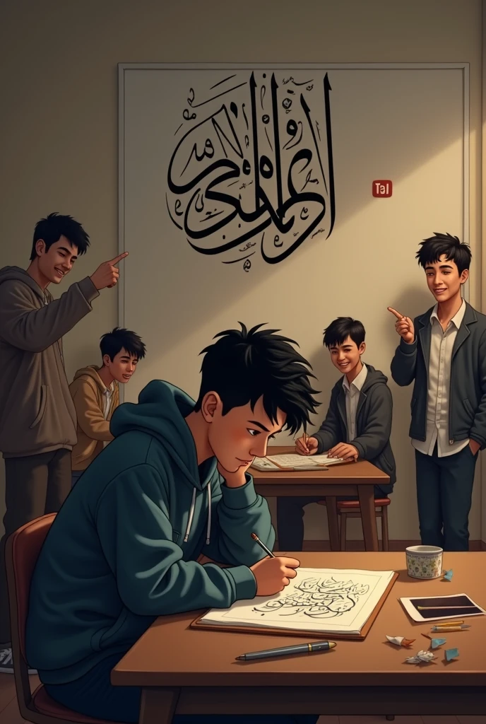 A 18 years boy who is student and also a YouTuber but he is in the depression and writing a calligraphy sitting on table and in his background Muhammad calligrapher name is hanging in English words with a YouTube logo and a lot of people laughing on him and point to him