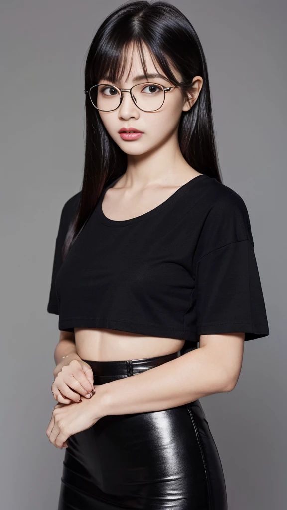 (Highest quality:1.5), (Real:1.4), (Ultra high definition:1.4), (No correction:1.4), (skinny Japanese woman with average size breasts standing front plain background in studio), (A woman wearing black-rimmed glasses), (Very small eyes), (breasts of average size), (Bangs that hide eyebrows), (Long black hair), (Dark personality expression), (Black T-shirt), (Black super long skirt), (black hair woman is standing with black T-shirt and black super long skirt front plain background in studio), (woman viewed from the front), (Plain background), (Cowboy Shot), (Cold expression), (upright), (A woman with long black hair and glasses), (Bangs that hide eyebrows), (Sharp and tiny eyes)