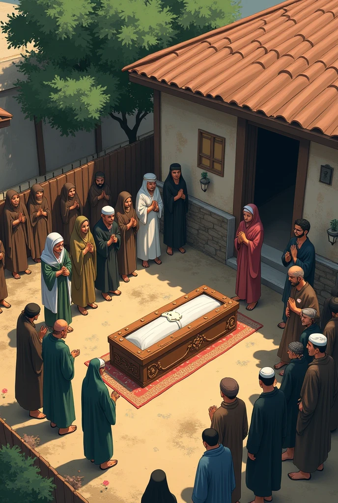 Muslims funeral in the yard of the house son nearby