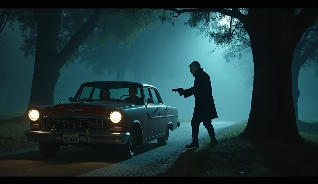 "A cold, foggy night in California, with a gloomy atmosphere. Show an old car, a 1960s model, parked in a secluded spot, surrounded by dense trees. Inside the car, a panicked couple: a woman with dark hair and a man with a look of terror. A masked man, dressed in dark clothes and a frightening white mask, approaches with a gun. Dramatic lighting, deep shadows, and a sense of urgency and fear."