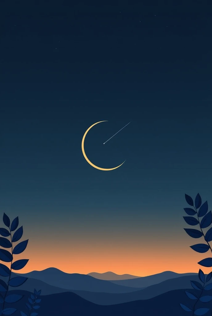  illustration with a dark blue background. In the center, there is a yellow crescent moon in the sky. The moon is partially obscured by a thin white line. The background is a gradient of orange and blue, with a mountain range in the distance. On the right side of the image, there are two blue leaves, one on top of the other. The leaves are arranged in a symmetrical pattern. The overall style of the illustration is mi
