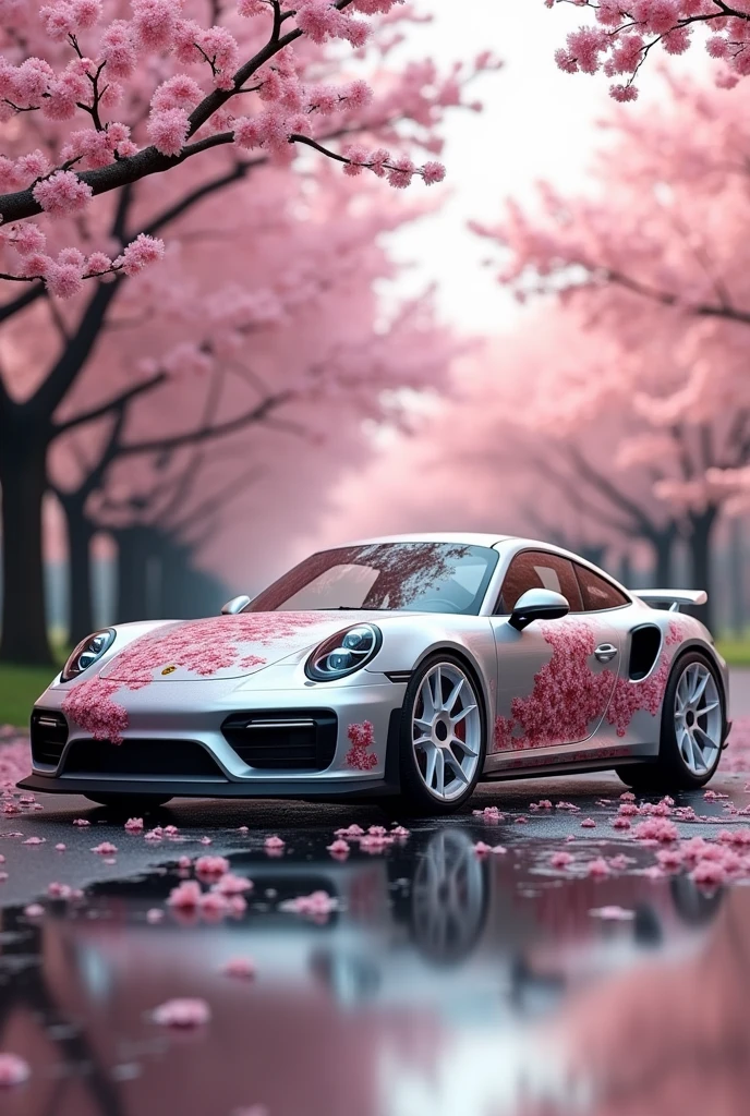silver porsche 911 turbo S with cherry blossoms design on the side with white rims