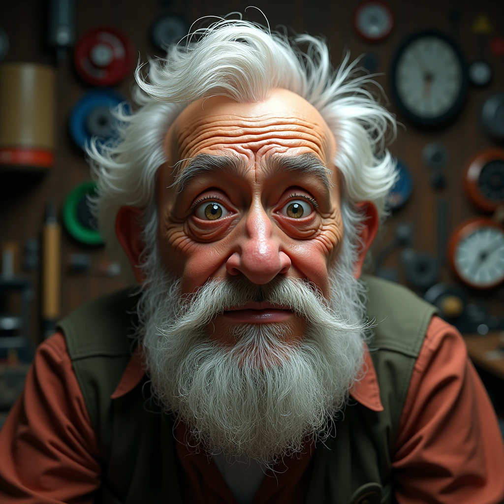 Confused old man: "A detailed and realistic close-up of an elderly man with white hair and a full beard, his face showing a puzzled expression. His eyebrows are raised, and his mouth is slightly open as if he’s trying to understand something confusing. The background is a cluttered workshop, filled with tools and gadgets, adding to the atmosphere of bewilderment."