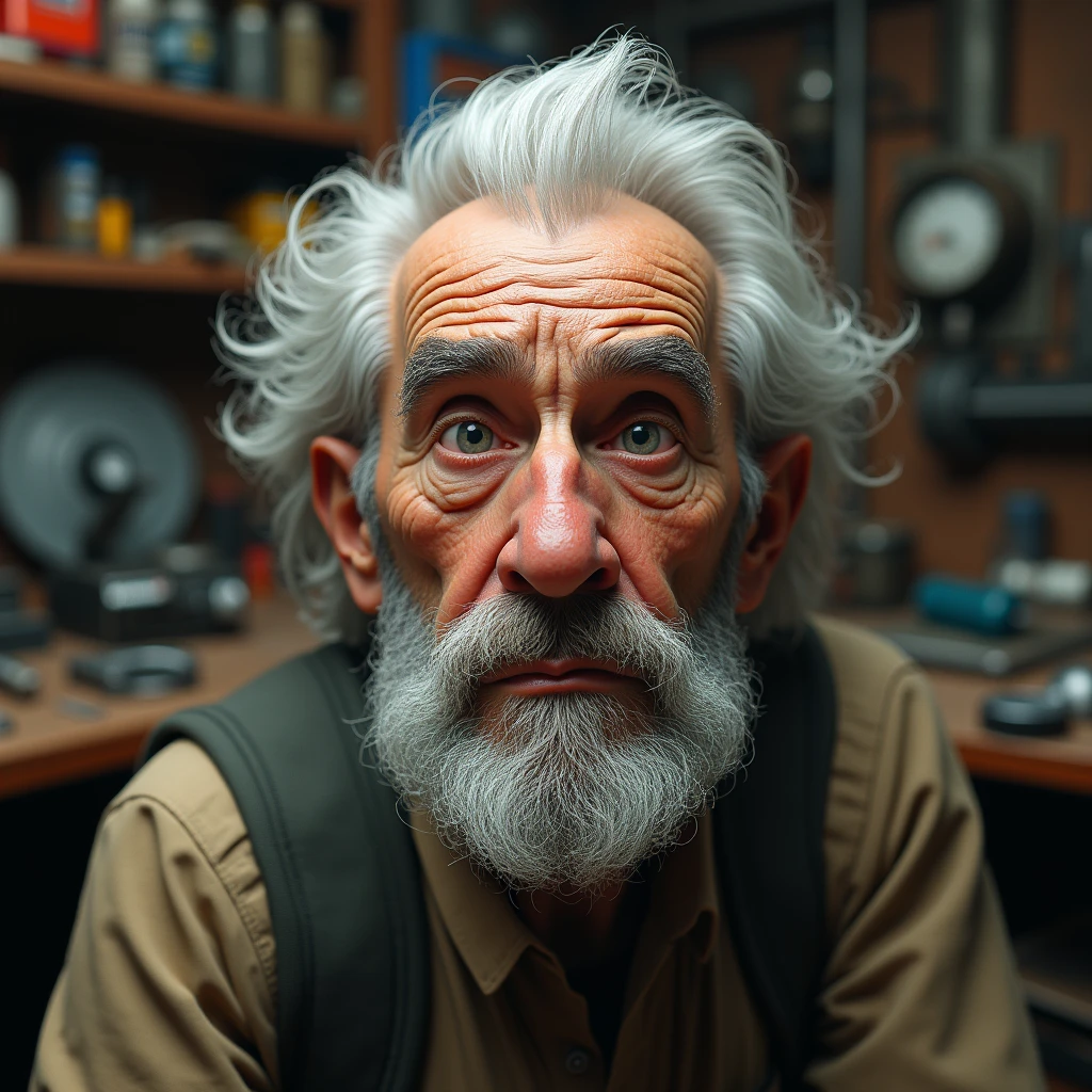 Confused old man: "A detailed and realistic close-up of an elderly man with white hair and a full beard, his face showing a puzzled expression. His eyebrows are raised, and his mouth is slightly open as if he’s trying to understand something confusing. The background is a cluttered workshop, filled with tools and gadgets, adding to the atmosphere of bewilderment."