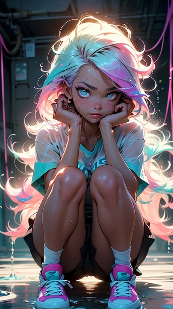 1girl, squatting, lower body, shoot from below, pov, swell one's loins, large brecinematic , close up nether region,,(((masterpiece))),Highest quality, Adult women, , ((:1.3)), お洒落なClothes, blush, anger, anger eye, Biting your lip, Glaring at me, Spread your legs, (((transparent String))), socks, (((transparent String))), ((extremely thin transparent String)), see-through String, stuffed toy,Our room, It was scary, The shadow of a man above her, ((wet String)), Clothes, Pink character t-shirt, ((Wet T-shirt)), (((Wet Skin))), ((From the back)),(((String))), (((Underbust))), ((((liquid paint hair:1.1)))) ,((((neon Purple Hair | Neon pink hair | Neon blue hair | Neon Aqua Hair | Purple Hair | Fuchsia colored hair | Fluorescent blue hair | Amethyst Hair | Neon Hair | Bright pink hair :1.5)))), ((((Made with paint、Defying Gravity,A thick current)))),((((Paint splashes:1.3,Shiny Hair: 1.3)))),(((transparent Clothes))),(((Long braids of liquid paint))),Glamorous Body,Plump thighs,Realistic Flesh,Backlight,Shiny Hair,is,