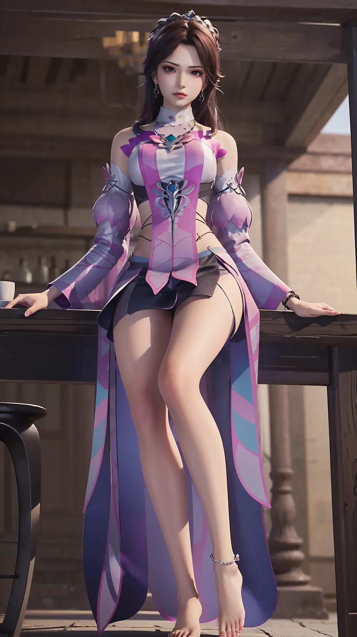 ((Shot in the knee)), ((From below)),A young girl, Wearing a skirt,At the bar, sit on the chair, Cross your legs, Posing elegantly, Detailed scenario, Messy long hair, Blush Blush, Beautiful slender legs, (Very high color saturation), details, Ultra Detailed, (masterpiece, Best quality), (Extremely exquisite and beautiful work), Delicate earrings, Exquisite necklace, Simple blur background, Extremely detailed description, Super Fine, Delicate face, slim body, Thin waist, (Anatomically correct),whole body,barefoot