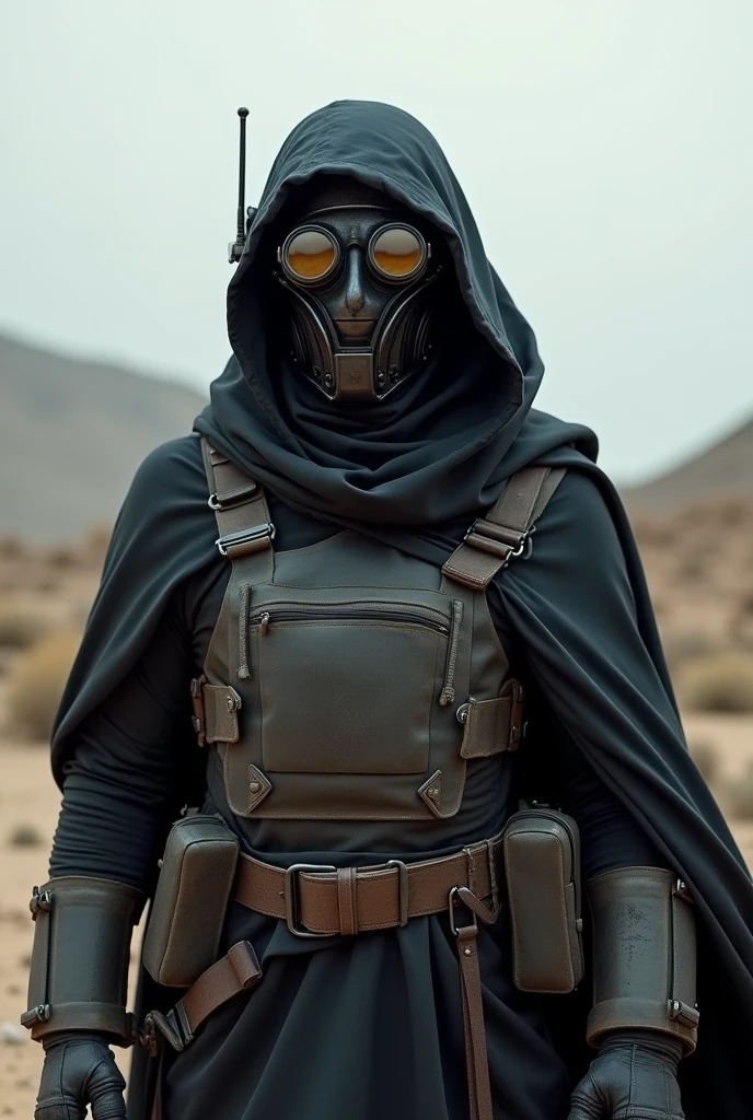 A man wearing a black cloth outfit, Face completely covered by Iron Visor with round glasses, wearing an M35 helmet, Wear a sun-protective jacket.