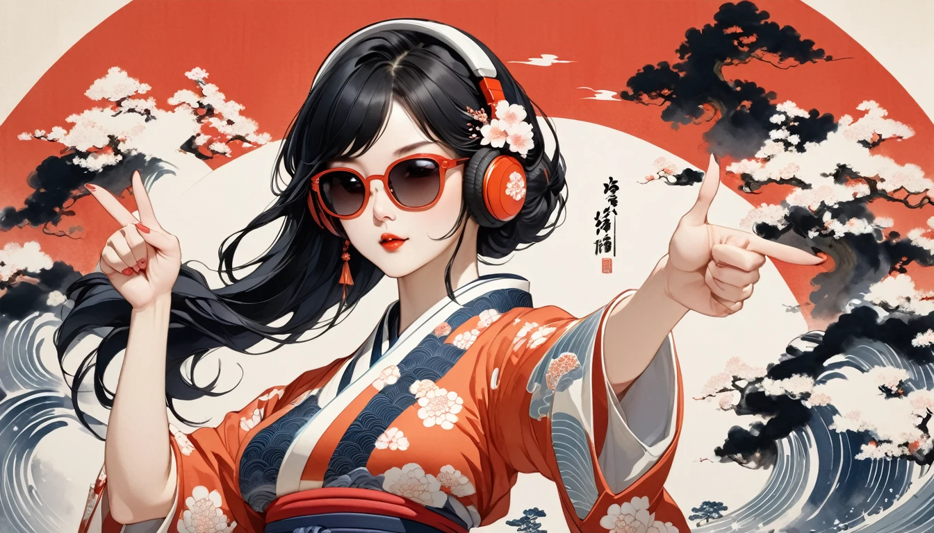 Ink Painting, (((1 girl))), (((music festival))), sunglasses, Japanese style headphones, Japanese beauty, (((Finger guns))),Black Hair, big breast,Delicate and precise, Modern ukiyo-e style, vivid color