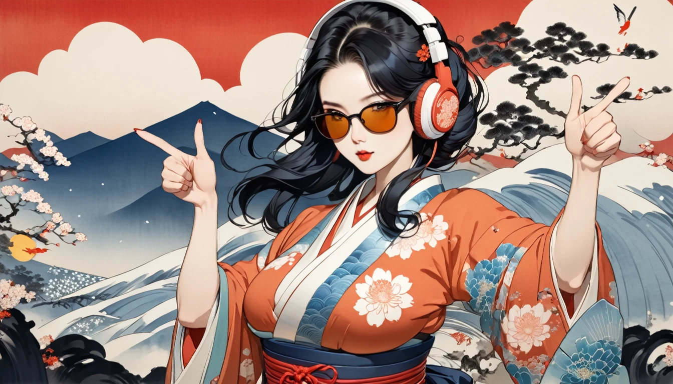 Ink Painting, (((1 girl))), (((music festival))), sunglasses, Japanese style headphones, Japanese beauty, (((Finger guns))),Black Hair, big breast,Delicate and precise, Modern ukiyo-e style, vivid color