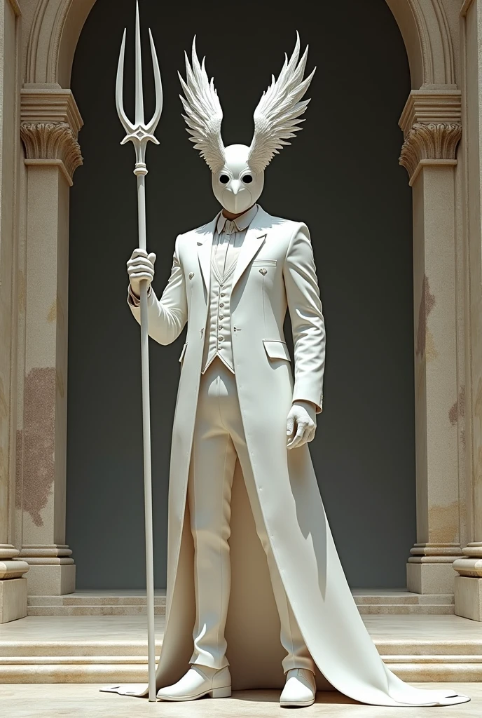 White suit warrior with sharp trident standing at a temple and wear a eagle leaf helmet with face covered in mask
