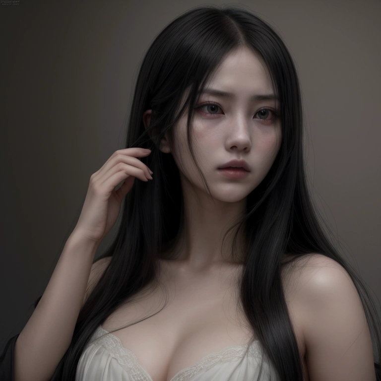 a_girl_with_long_black_hair,yamamura_sadako,detailed_and_realistic_facial_features,beautiful_detailed_eyes,beautiful_detailed_lips,extremely_detailed_face,longeyelashes,creepy_atmosphere,horror,supernatural,ghostly,pale_skin,wearing_a_white_dress,haunting,ominous,dark_lighting,moody_lighting,muted_colors,dramatic_shadows,cinematic,masterpiece,best_quality,8k,highres,ultra-detailed,photorealistic