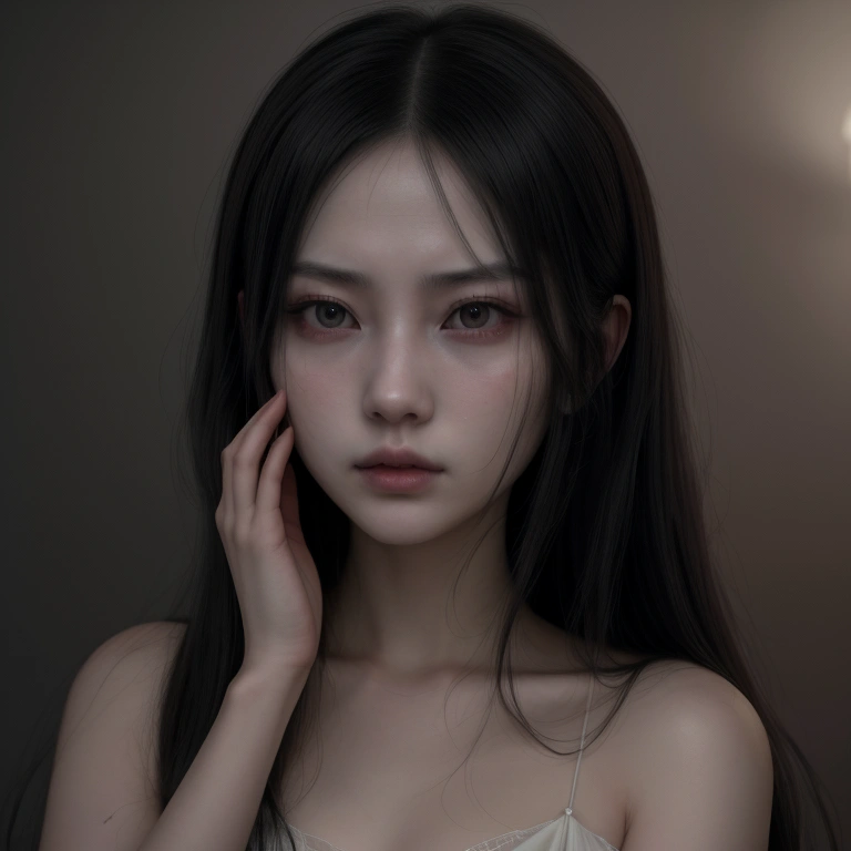 a_girl_with_long_black_hair,yamamura_sadako,detailed_and_realistic_facial_features,beautiful_detailed_eyes,beautiful_detailed_lips,extremely_detailed_face,longeyelashes,creepy_atmosphere,horror,supernatural,ghostly,pale_skin,wearing_a_white_dress,haunting,ominous,dark_lighting,moody_lighting,muted_colors,dramatic_shadows,cinematic,masterpiece,best_quality,8k,highres,ultra-detailed,photorealistic