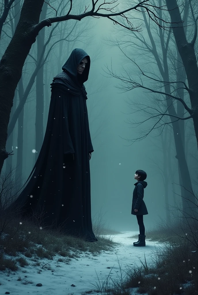 One day, as the first snow began to fall, Lyra noticed a figure standing by the edge of the woods. A tall, shadowy man dressed in black, with eyes as dark as the abyss. He was the Grim Reaper himself, but something about him seemed different—he wasn't there to claim her life, not yet.